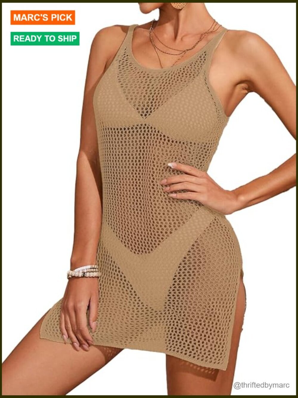 Crochet Knit Spaghetti Strap Beach Coverup Mini Dress Scoop Neck Slit